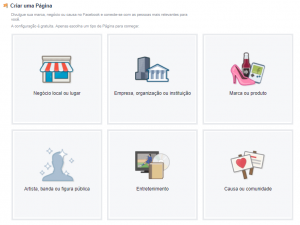 Como criar um Facebook comercial? Escolha o tipo de página.